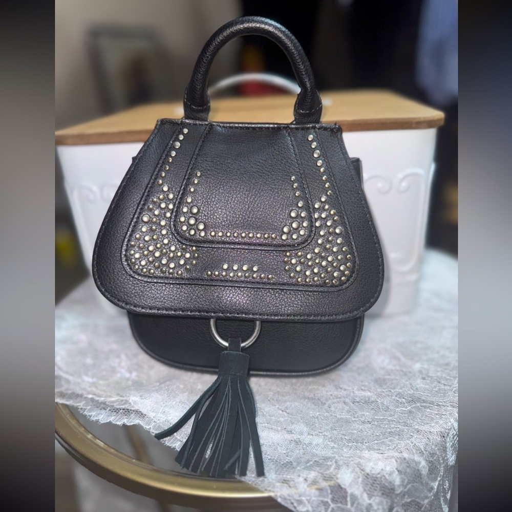 American Eagle black leather Silver Studs/Tassel top handle mini satchel